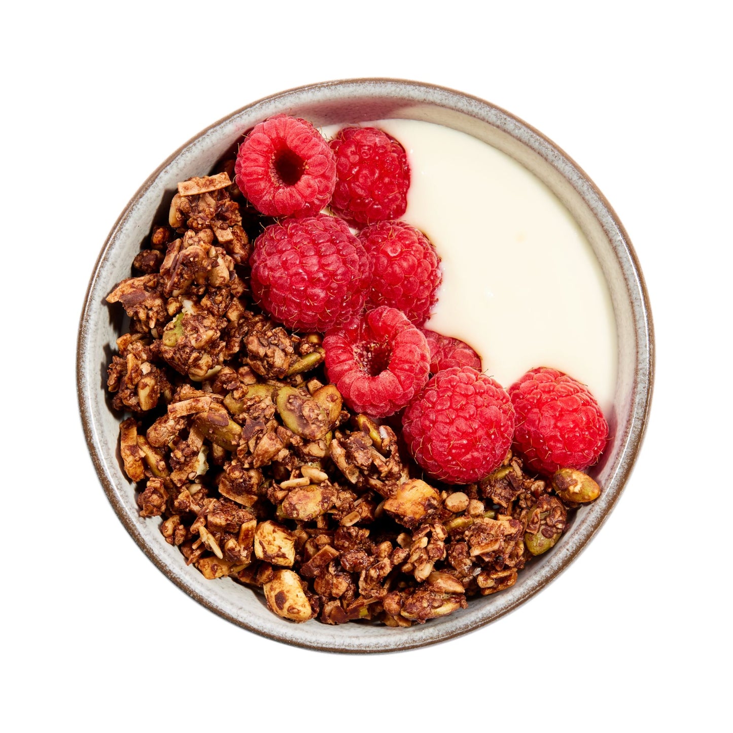 Breakfast Rise cacao and vanilla granola served with yogurt and fresh raspberries showing chunky clusters designed to keep you satisfied longer and help you eat less naturally