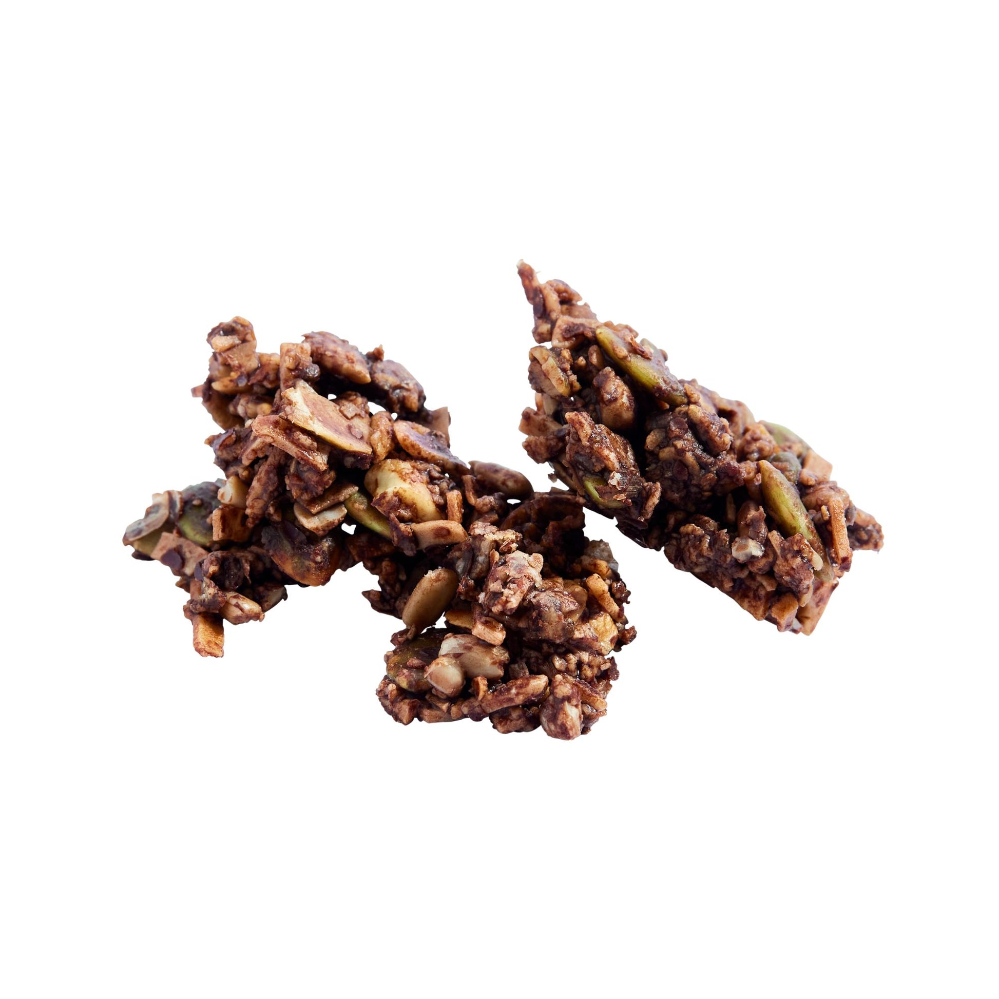 Close-up of Breakfast Rise cacao and vanilla granola clusters showing chunky texture with visible pumpkin seeds, sunflower seeds, coconut and cashews designed to support satiety and help you eat less naturally