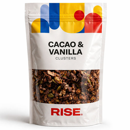 Breakfast Rise cacao and vanilla granola clusters pouch with visible chunky oats, nuts and seeds designed to support satiety and help you eat less naturally